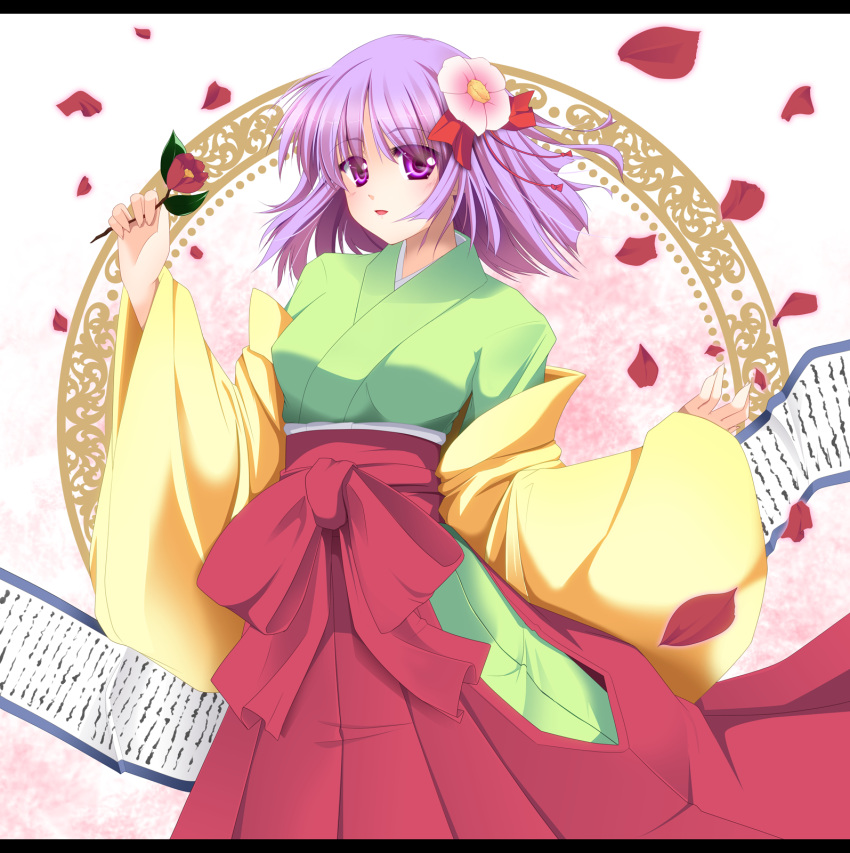 bow breasts flower fule hair_flower hair_ornament hieda_no_akyuu highres japanese_clothes kimono open_mouth petals purple_eyes purple_hair short_hair solo touhou violet_eyes