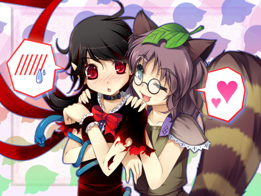 animal_ears asymmetrical_wings black_hair blue_eyes blush brown_eyes brown_hair bust chima_q collar futatsuiwa_mamizou glasses hands_on_shoulders heart highres houjuu_nue leaf leaf_on_head raccoon_ears raccoon_tail red_eyes short_hair slit_pupils snake spoken_blush spoken_heart spoken_sweatdrop sweatdrop tail ten_desires torn_clothes touhou wings wink wrist_cuffs