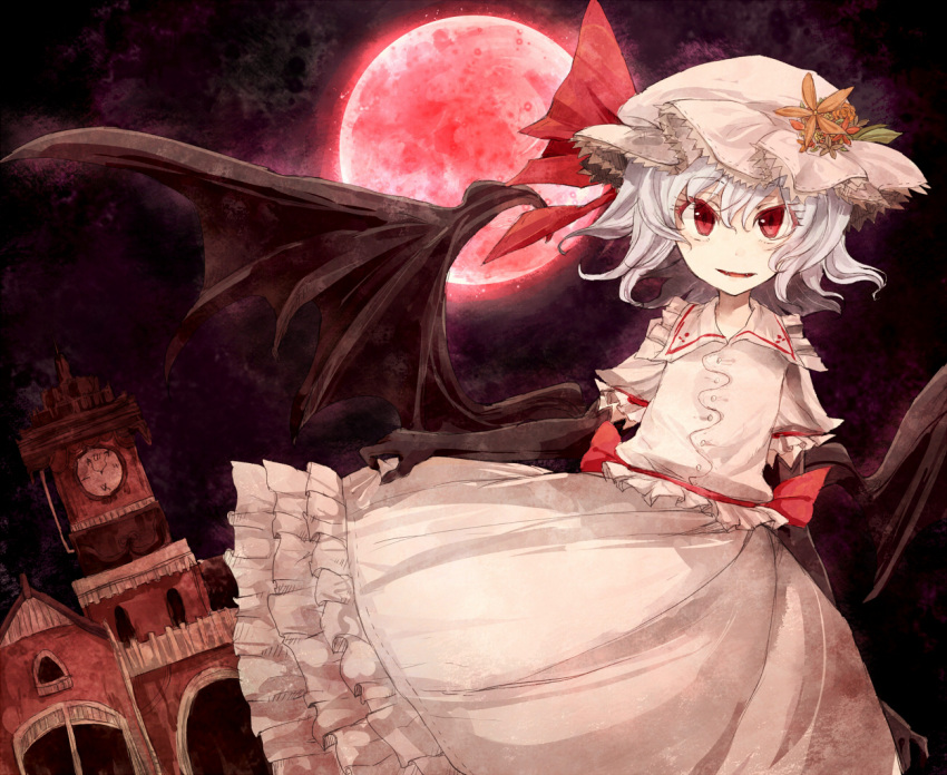 arms_behind_back bad_id bat_wings black_gloves blue_hair clock clock_tower colored_eyelashes dress elbow_gloves fangs flower full_moon gloves hat hato_satobeni hisona_(suaritesumi) moon night open_mouth pink_dress red_eyes red_moon remilia_scarlet scarlet_devil_mansion short_hair slit_pupils smirk solo touhou tower wings