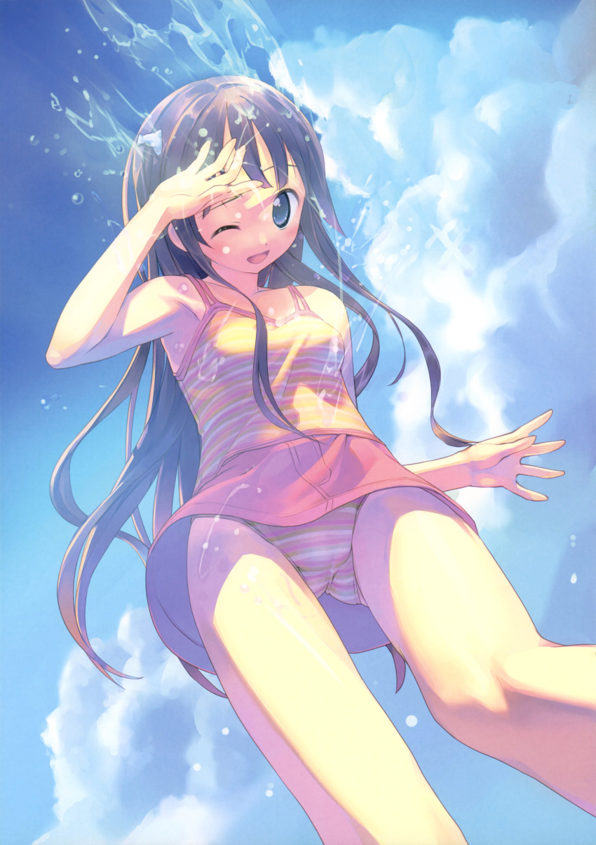;d absurdres bare_legs bare_shoulders blue_eyes blue_sky blush brown_hair camisole cloud foreshortening highres long_hair looking_down multicolored_stripes open_mouth original scan skirt sky smile solo splash splashing striped striped_swimsuit swimsuit swimsuit_under_clothes takoyaki_(roast) upskirt water wink