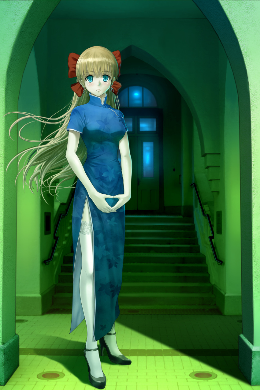 absurdres blonde_hair blue_eyes blush bow brown_hair china_dress chinese_clothes copyright_request door earrings hair_bow high_heels highres jewelry leaf leaf_print long_hair maple_leaf misakamitoko0903 shadow shoes side_slit solo stairs standing thigh-highs thighhighs white_legwear window