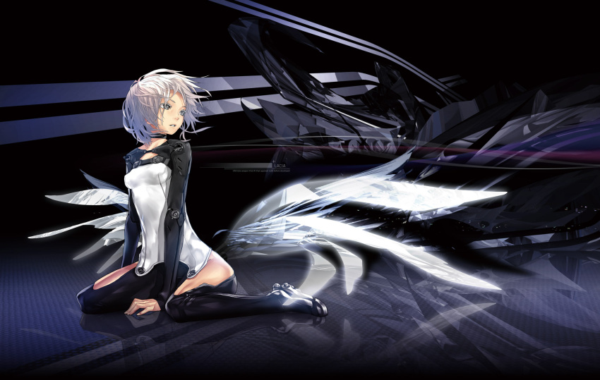 between_legs bodysuit choker grey_eyes hand_between_legs highres lacia leicia low_wings redjuice short_hair sitting solo white_hair wings