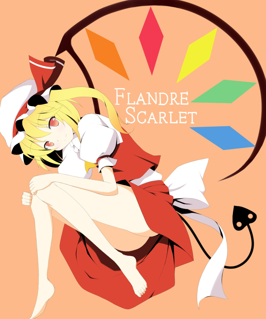 absurdres bad_id bare_legs barefoot blonde_hair blue_eyes demon_tail flandre_scarlet hat highres hotto_kan ichi-jirushi red_eyes side_ponytail skirt solo tail the_embodiment_of_scarlet_devil touhou wings