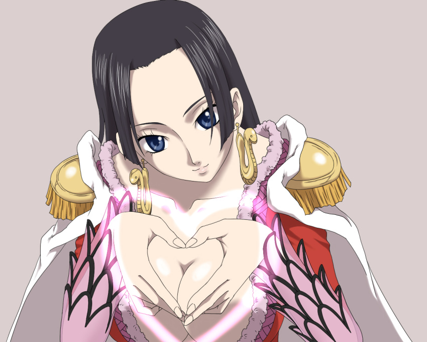 blue_eyes boa_hancock breasts cape cleavage earrings heart jewelry large_breasts long_hair one_piece pitecube simple_background smile solo