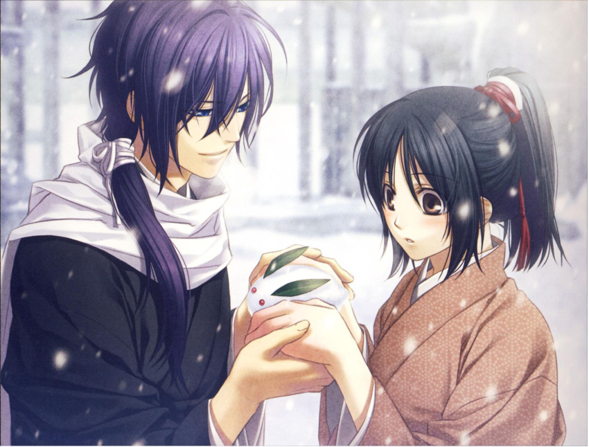 couple hakuouki_shinsengumi_kitan kazuki_yone long_hair ponytail saitou_hajime snow yukimura_chizuru