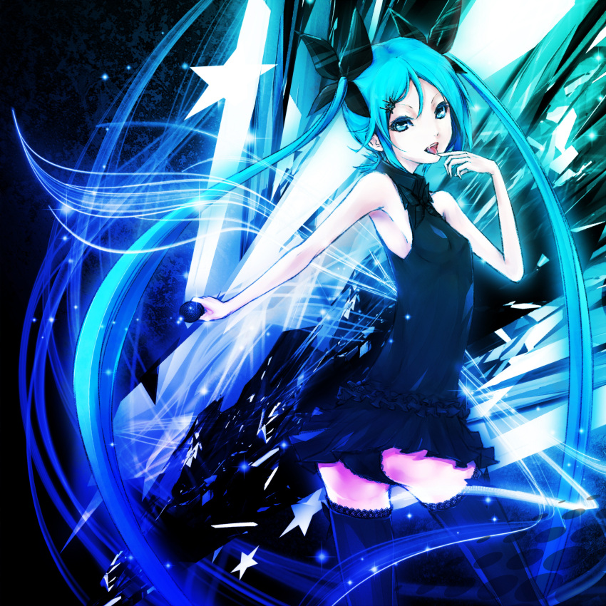 absurdres aqua_eyes aqua_hair ass bare_shoulders black_dress black_panties dress eyelashes fang fangs finger_to_mouth hair_ornament hair_ribbon hairclip hatsune_miku highres lace lace-trimmed_thighhighs lights long_hair looking_back microphone mixed_media panties ribbon skinny skirt sleeveless sleeveless_dress solo t@kumi thigh-highs thighhighs tongue twintails underwear very_long_hair vocaloid zettai_ryouiki