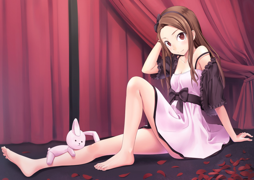 absurdres arm_support bad_id bare_legs bare_shoulders barefoot breasts brown_hair cleavage collarbone curtains dress feet hand_behind_head highres idolmaster light_smile long_hair minase_iori off_shoulder petals red_eyes solo strap_slip stuffed_animal stuffed_toy tenkuu_nozora toes