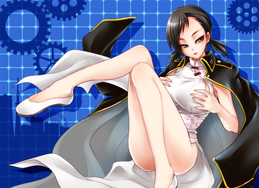 breast_hold breasts china_dress chinese_clothes devil_survivor_2 dress eyeshadow flats gears grey_eyes hands_on_own_chest hands_to_chest jacket_on_shoulders kanno_fumi large_breasts legs lilysick makeup megami_ibunroku_devil_survivor military military_uniform scientist short_twintails side_slit solo thighs twintails uniform white_dress
