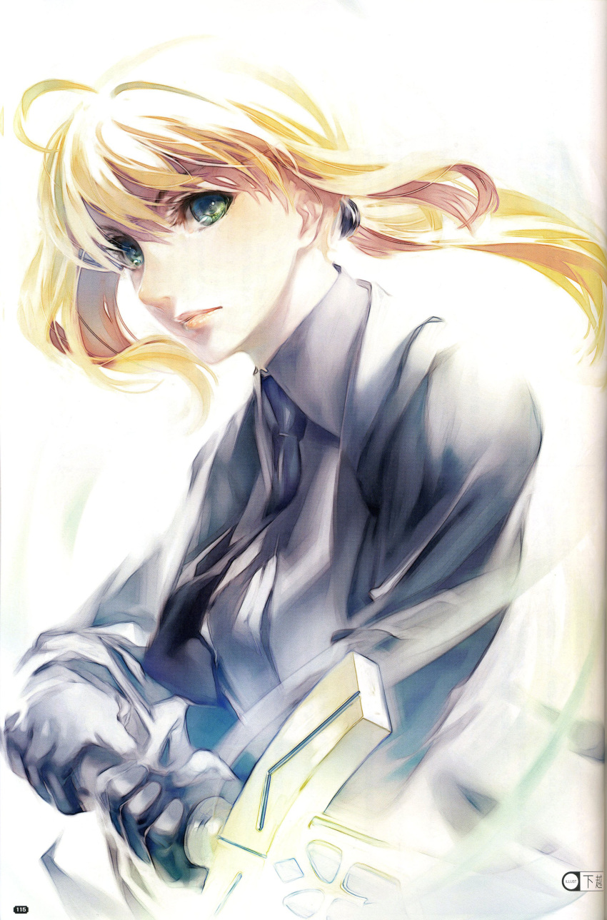 absurdres artist_request black_gloves blonde_hair excalibur fate/stay_night fate/zero fate_(series) formal gloves glowing glowing_sword glowing_weapon green_eyes highres invisible_air kaetsu necktie ponytail saber scan simosi solo suit sword weapon