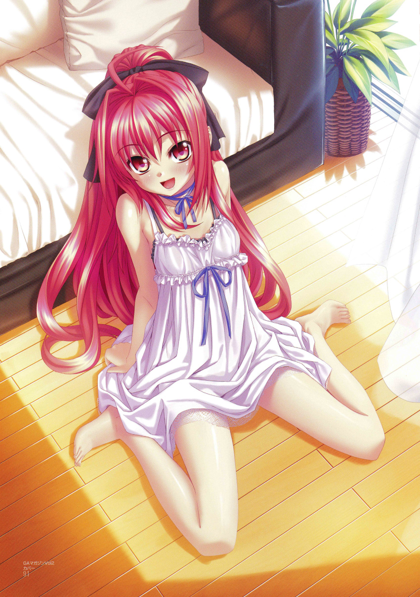 absurdres ahoge arm_support bare_legs bare_shoulders barefoot blush bow bra corticarte_apa_lagranges couch dress flat_chest from_above hair_bow highres kannatsuki_noboru lingerie lips long_hair looking_up nightgown open_mouth ponytail red_eyes red_hair redhead scan shinkyoku_soukai_polyphonica sitting smile solo underwear wariza