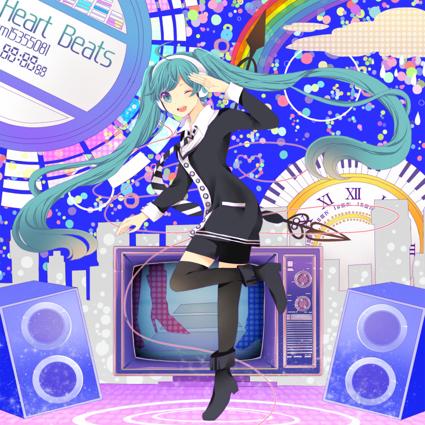 absurdres aqua_eyes aqua_hair hatsune_miku headphones heart_beats_(vocaloid) highres komine long_hair open_mouth shoes smile solo speaker television thigh-highs thighhighs twintails very_long_hair vocaloid wink