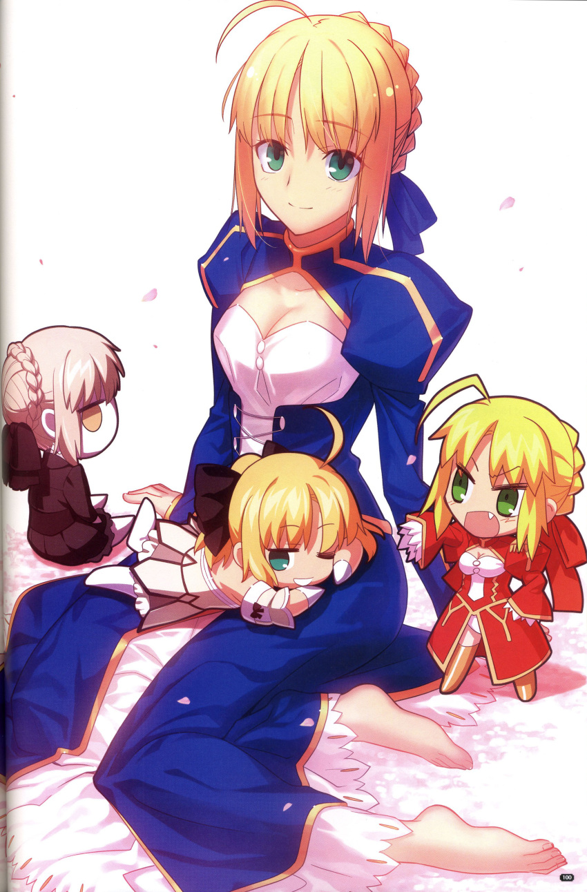 absurdres ahoge bare_shoulders barefoot blonde_hair bow breasts chibi cleavage detached_sleeves dress epaulettes fang fate/extra fate/stay_night fate/unlimited_codes fate_(series) feet flat_gaze green_eyes hair_bow hair_ribbon highres multiple_girls multiple_persona panties ponytail ribbon saber saber_alter saber_extra saber_lily scan sitting takeuchi_takashi thigh-highs thighhighs type-moon underwear wink yellow_eyes yokozuwari