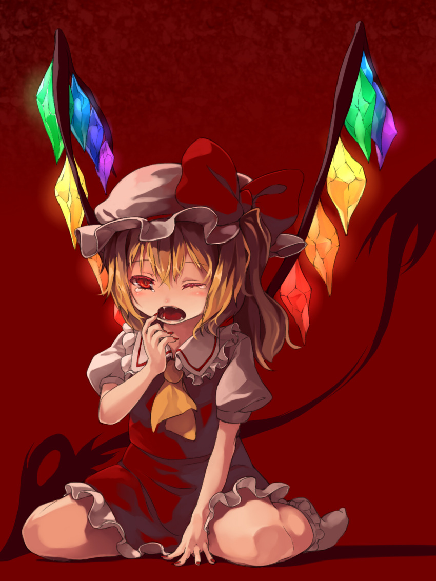 1girl ascot blonde_hair bow fangs finger_to_mouth flandre_scarlet foge glowing glowing_wings hat hat_bow highres laevatein open_mouth puffy_sleeves red_eyes red_nails shirt short_sleeves side_ponytail sitting skirt skirt_set solo tears touhou vest wariza wings wink