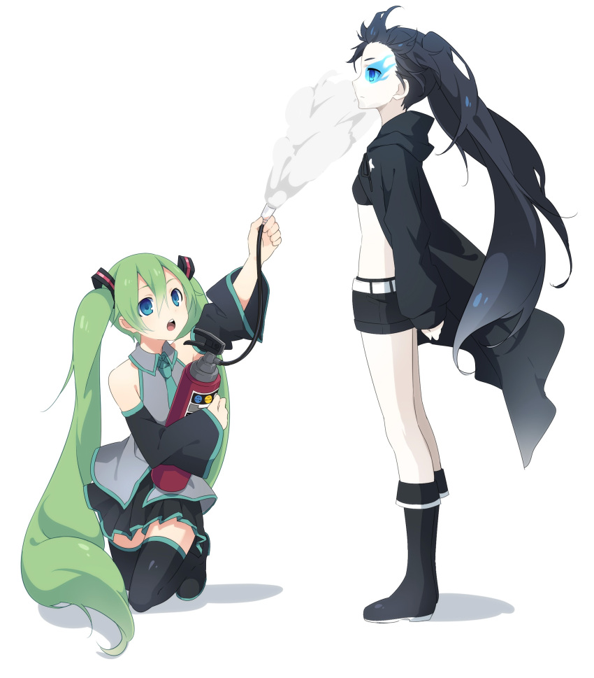 absurdres aqua_eyes aqua_hair bare_shoulders black_hair black_rock_shooter black_rock_shooter_(character) blue_eyes boots comedy detached_sleeves fire_extinguisher glowing glowing_eye hatsune_miku highres humor jacket knee_boots kneeling long_hair multiple_girls open_mouth sama shoes shorts skirt twintails very_long_hair vocaloid