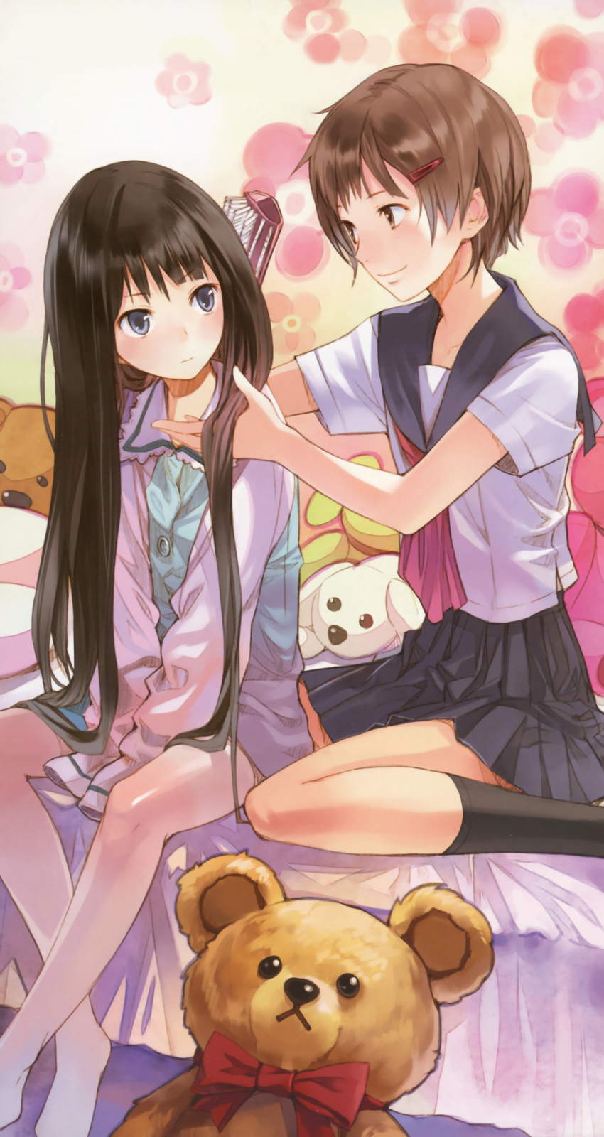 absurdres barefoot black_hair blue_eyes brown_eyes brown_hair crease face feet fixme hair_brush hair_brushing hair_ornament highres kami-sama_no_memo-chou kamisama_no_memochou kishida_mel long_hair long_sleeves multiple_girls no_shoes official_art pajamas scan school_uniform shinozaki_ayaka shionji_yuuko short_hair stuffed_animal stuffed_toy very_long_hair yuri