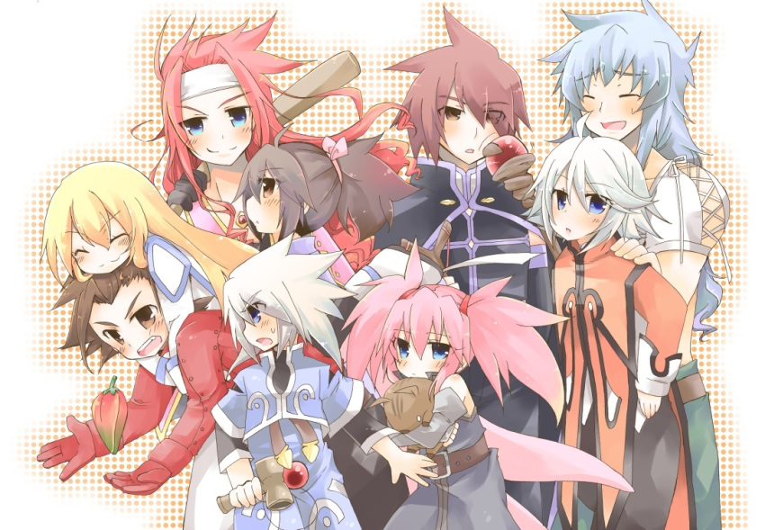 belt black_hair blonde_hair blue_eyes blue_hair blush bow brown_eyes brown_hair buckle closed_eyes colette_brunel elbow_gloves eyes_closed faux_traditional_media fingerless_gloves genis_sage gloves hagino_kaede hair_bow hair_over_one_eye kendama kratos_aurion lloyd_irving long_hair nib_pen_(medium) pink_hair polka_dot presea_combatir raine_sage red_hair redhead regal_bryant sheena_fujibayashi short_twintails silver_hair smile spiked_hair spiky_hair staff tales_of_(series) tales_of_symphonia traditional_media twintails zelos_wilder