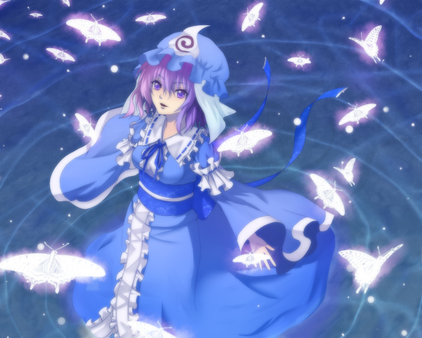 breasts butterfly ghost hat japanese_clothes my obi pink_eyes pink_hair saigyouji_yuyuko short_hair smile solo touhou triangular_headpiece water