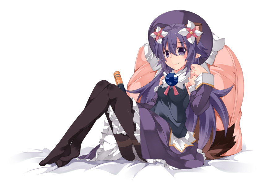 animal_ears blush detached_sleeves extra_ears hat long_hair matsuhime_mujina panties panties_under_pantyhose pantyhose pantyshot pantyshot_(sitting) pantyshot_sitting pillow plus9 pointy_ears purple_eyes purple_hair raccoon_ears raccoon_tail sheath sheathed shinrabansho shinrabanshou sitting smile solo tail underwear white white_panties