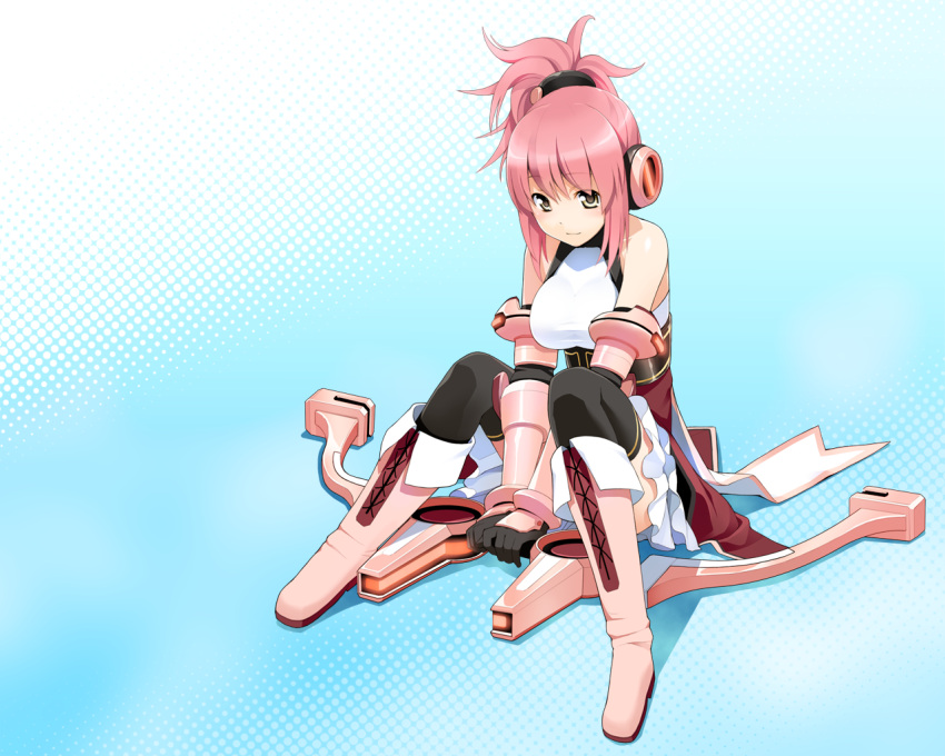 bow_(weapon) breasts brown_eyes cosmic_break detached_sleeves large_breasts mecha_musume melfi official_art pink_hair sitting skirt smile solo thigh-highs thighhighs wakaba wallpaper weapon