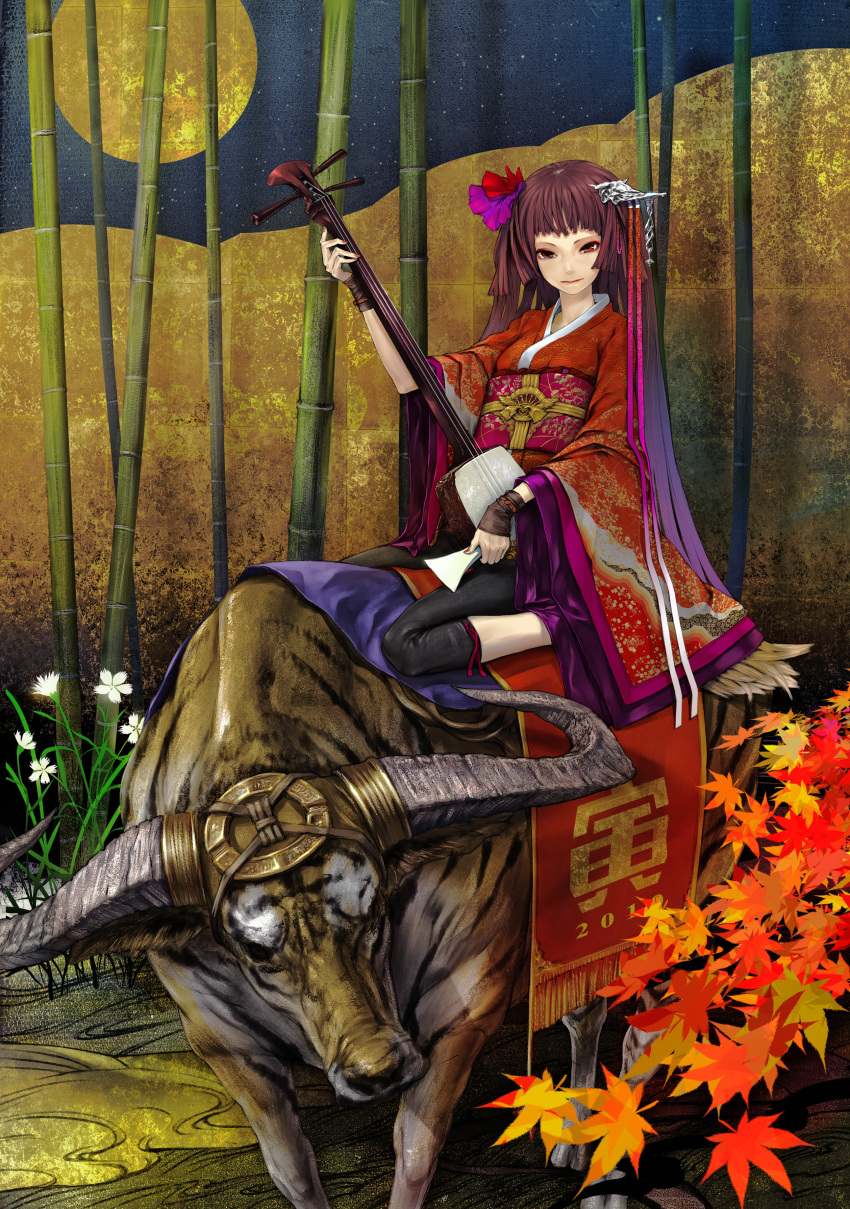 absurdres autumn autumn_leaves bachi bamboo bamboo_forest bangs blunt_bangs brown_hair bull flower forest hair_flower hair_ornament highres horns instrument japanese_clothes jewelry kimono leaf long_hair makeup maple_leaf nature obi original plectrum red_eyes redjuice shamisen short_kimono sitting smile solo very_long_hair water_buffalo yukata