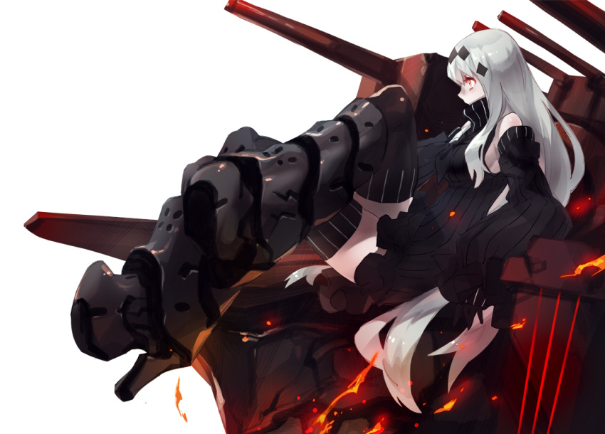 1girl aircraft_carrier_water_oni armored_boots bare_shoulders black_boots black_dress black_legwear boots breasts dakuro detached_sleeves dress fire frilled_dress frilled_sleeves frills hair_ornament high_heel_boots high_heels kantai_collection knee_boots large_breasts long_hair long_sleeves orange_eyes ribbed_dress sailor_dress shinkaisei-kan short_dress simple_background sitting solo striped thigh-highs turret very_long_hair white_background white_hair white_skin zettai_ryouiki