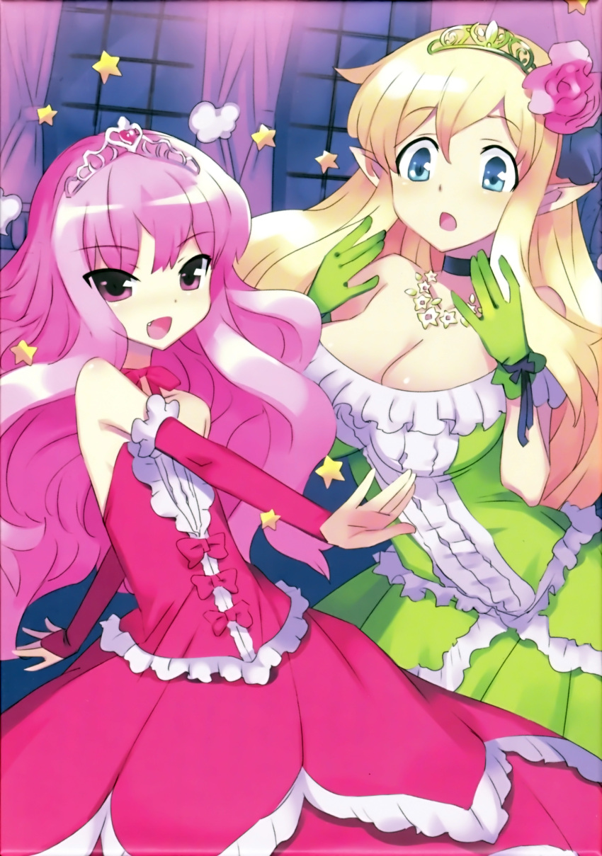blonde_hair blue_eyes breasts choker cleavage detached_sleeves dress elf flat_chest flower frills gloves green_eyes highres jewelry large_breasts long_hair louise_francoise_le_blanc_de_la_valliere necklace pink_eyes pink_hair pointy_ears strapless_dress tiara tiffania_westwood usatsuka_eiji zero_no_tsukaima