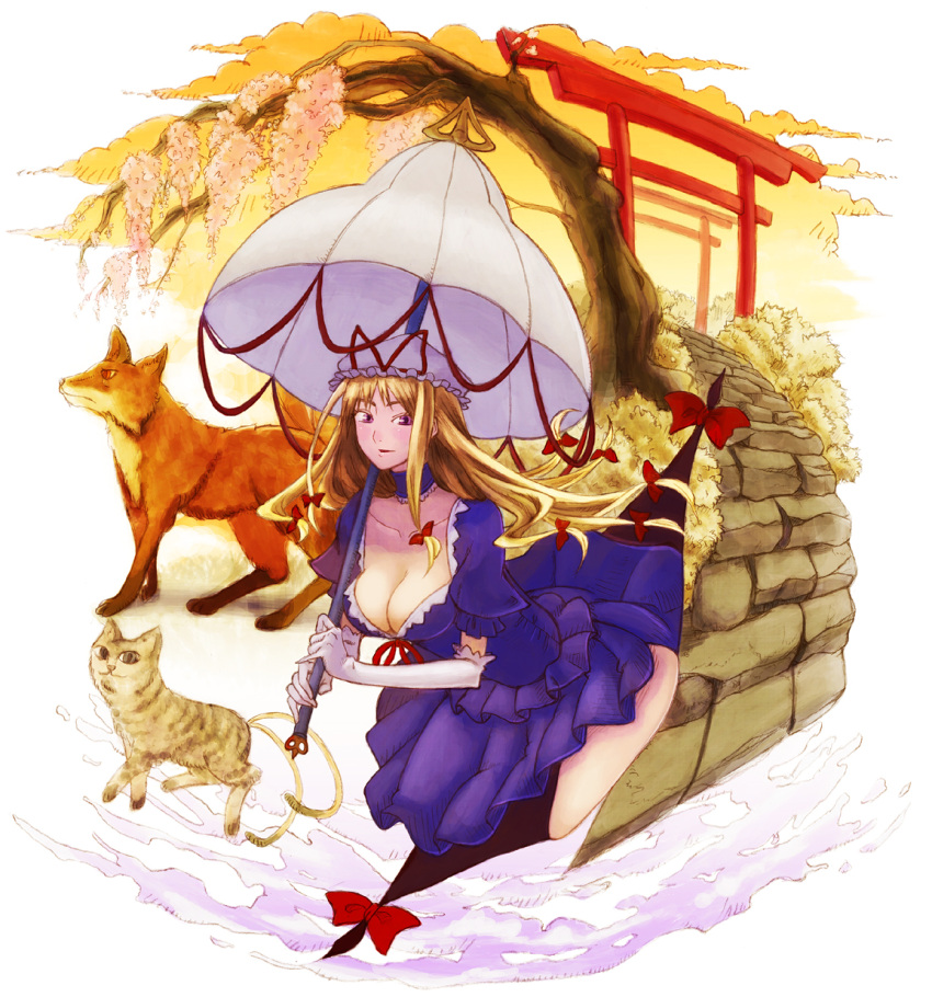 akai_kagerou_(artist) animal animal_ears awkward_pose bad_anatomy bangs blonde_hair blush bow breasts brown_eyes bursting_breasts cat cat_ears center_opening chen chen_(cat) cherry_blossoms choker cleavage cloud collarbone colored_pencil_(medium) dress elbow_gloves flower fox fox_ears fox_tail frilled_dress frills gap glint gloves grass hair_bow hair_ribbon hanging_breasts hat hat_ribbon highres lace large_breasts lazy_eye leaning_forward light_smile lips living_hair long_hair looking_at_viewer messy_hair mixed_media multiple_girls multiple_tails no_bra nose open_mouth parasol parted_bangs perspective pet petals pinky_out pleated_dress puffy_short_sleeves puffy_sleeves purple_dress purple_eyes red_eyes red_hair redhead ribbon shadow short_sleeves sky stairs stone striped sunset tail thighs torii touhou traditional_media tree triangle umbrella very_long_hair violet_eyes walking watercolor_(medium) yakumo_ran yakumo_ran_(fox) yakumo_yukari
