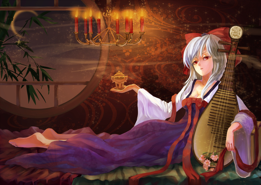 absurdres alternate_costume bad_id bamboo barefoot bow branch breasts candle chandelier cherry_blossoms cleavage crescent_moon hair_bow highres holding instrument kamishirasawa_keine letterboxed lying moon multicolored_hair night on_side orangec red_eyes ribbon round_window solo sparkle touhou wide_sleeves window