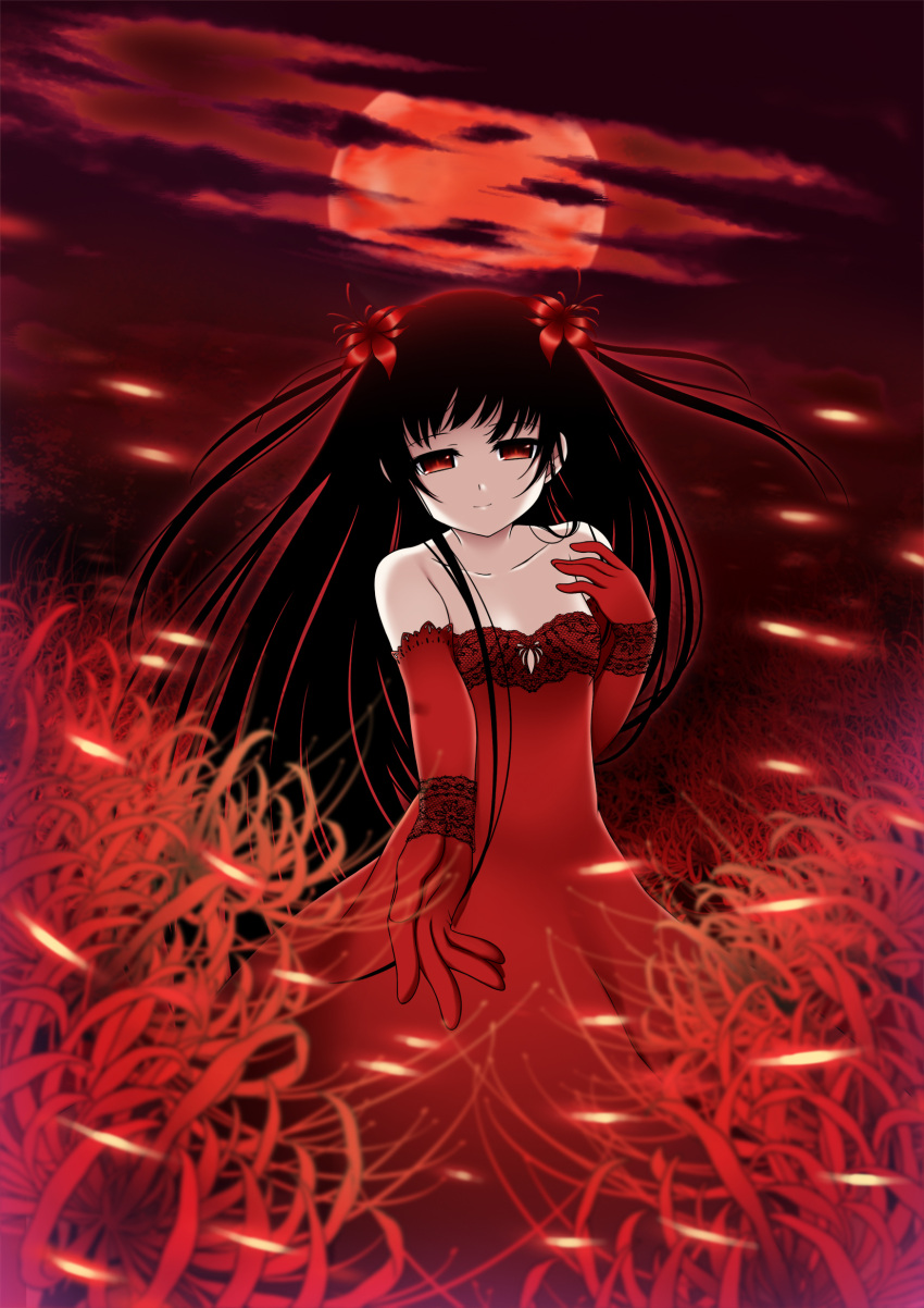 absurdres bad_id bare_shoulders beckon beckoning black_hair blurry cloud depth_of_field dress elbow_gloves flower gloves hair_flower hair_ornament hand_on_own_chest hand_to_chest highres lace light_smile long_hair looking_at_viewer original outstretched_hand pov red red_dress red_eyes red_gloves red_sun ren_san slit_pupils solo spider_lily sun sunset
