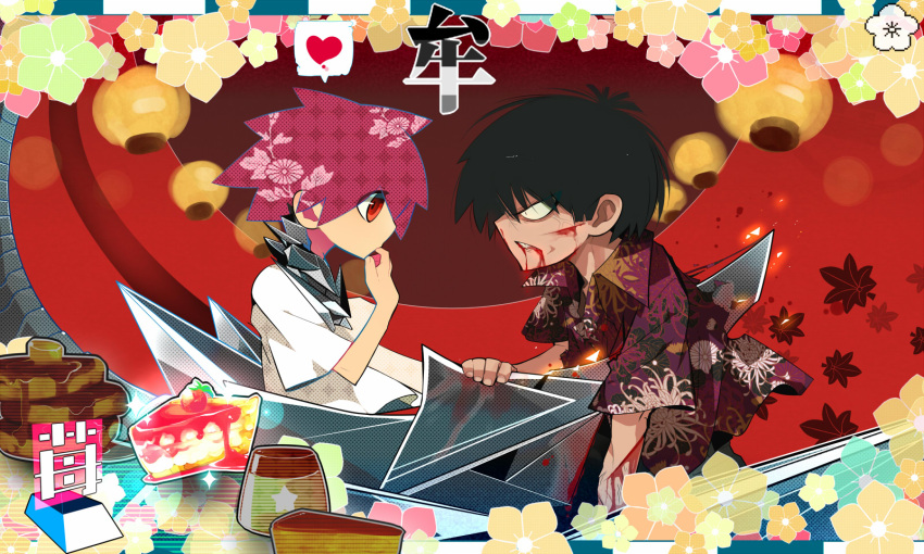 artist_request black_hair blood cake cuts finger_to_mouth food hand_on_mouth heart highres impaled injury mononoke_(empty) original pancake red_eyes red_hair redhead spoken_heart