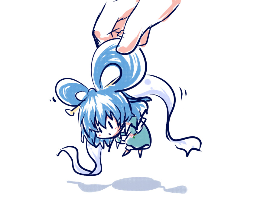 :&lt; blue_hair chibi dress flower hair_ornament hair_rings hair_stick hands kaku_seiga kuru2pantu minigirl shawl short_hair solo touhou |_|