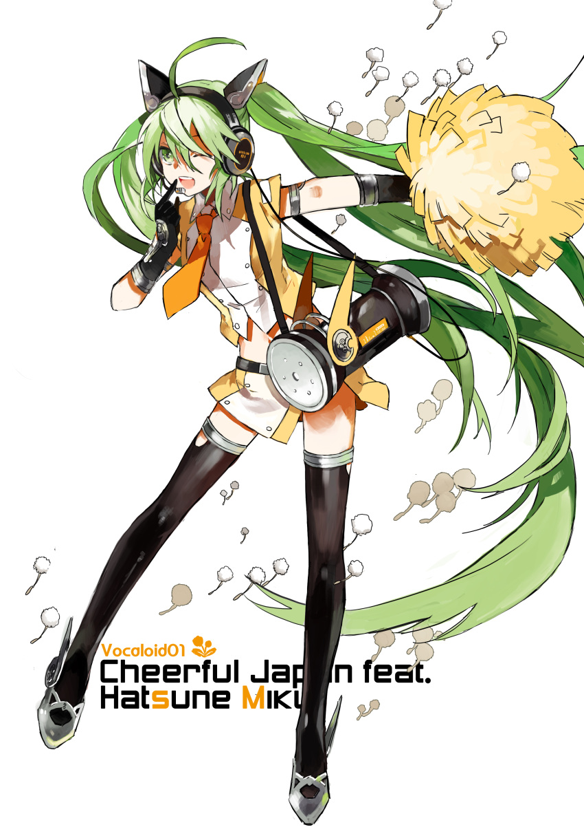 absurdres ahoge gloves green_eyes green_hair hatsune_miku headphones headset highres long_hair midriff necktie open_mouth pom_poms simple_background skirt solo starshadowmagician thigh-highs thighhighs twintails very_long_hair vocaloid wink