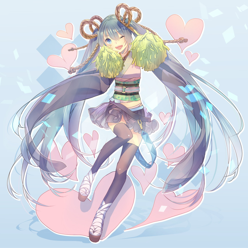 bandage bandages hatsune_miku heart highres japanese_clothes long_hair nicohi open_mouth pom_poms skirt solo thigh-highs thighhighs twintails very_long_hair vocaloid wink