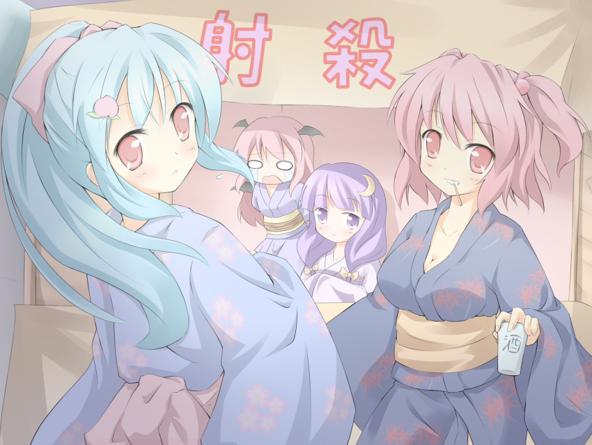bat_wings blue_hair blush bow breasts cleavage crescent flower food fruit hair_bobbles hair_bow hair_ornament head_wings highres hinanawi_tenshi japanese_clothes kimono koakuma long_hair looking_back mouth_hold multiple_girls no_hat no_headwear o_o obi onozuka_komachi open_mouth patchouli_knowledge peach pink_hair purple_eyes purple_hair red_eyes red_hair redhead ribbon rope shino_megumi short_hair smile tears tied tied_up toothpick touhou twintails violet_eyes wings