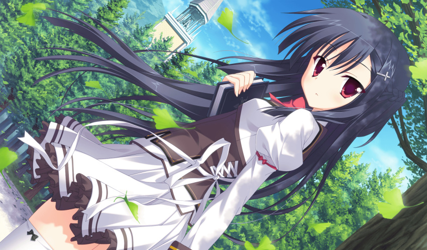 book dutch_angle floating_hair highres holding kitamikado_ritsuko leaf long_hair pink_eyes princess_evangile ribbon saeki_nao school_uniform sky solo thigh-highs thighhighs tower tree white_legwear wind zettai_ryouiki