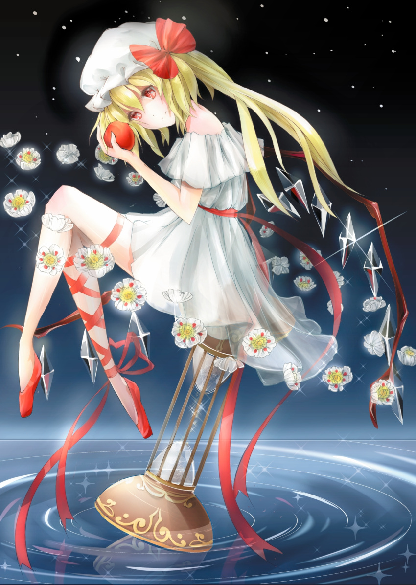 1girl airbrush_(medium) apple blonde_hair darkness dress flandre_scarlet flower food fruit hat hat_ribbon highres hourglass leg_ribbon light_particles namari_(angelaqxi) pencil_crayon_(medium) red_eyes red_shoes reflection ribbon sash see-through shoes side_ponytail sitting sitting_on_object smile solo sparkle touhou traditional_media watercolor_(medium) waves white_dress wings