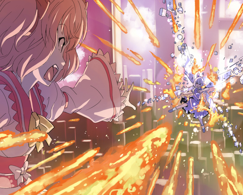 battle blonde_hair blue_eyes bow cirno danmaku fire flying hair_bow highres ice ice_wings monika9 monio multiple_girls open_mouth short_hair sunny_milk touhou twintails wings