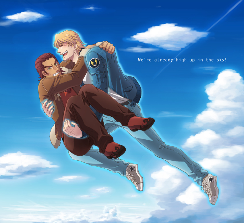 antonio_lopez blonde_hair blue_jacket bomber_jacket brown_hair carrying chest_hair closed_eyes cloud dark_skin english eyes_closed flying glowing highres jacket jeans keith_goodman lunarclinic male multiple_boys princess_carry shoes short_hair sky sneakers tiger_&amp;_bunny v-neck