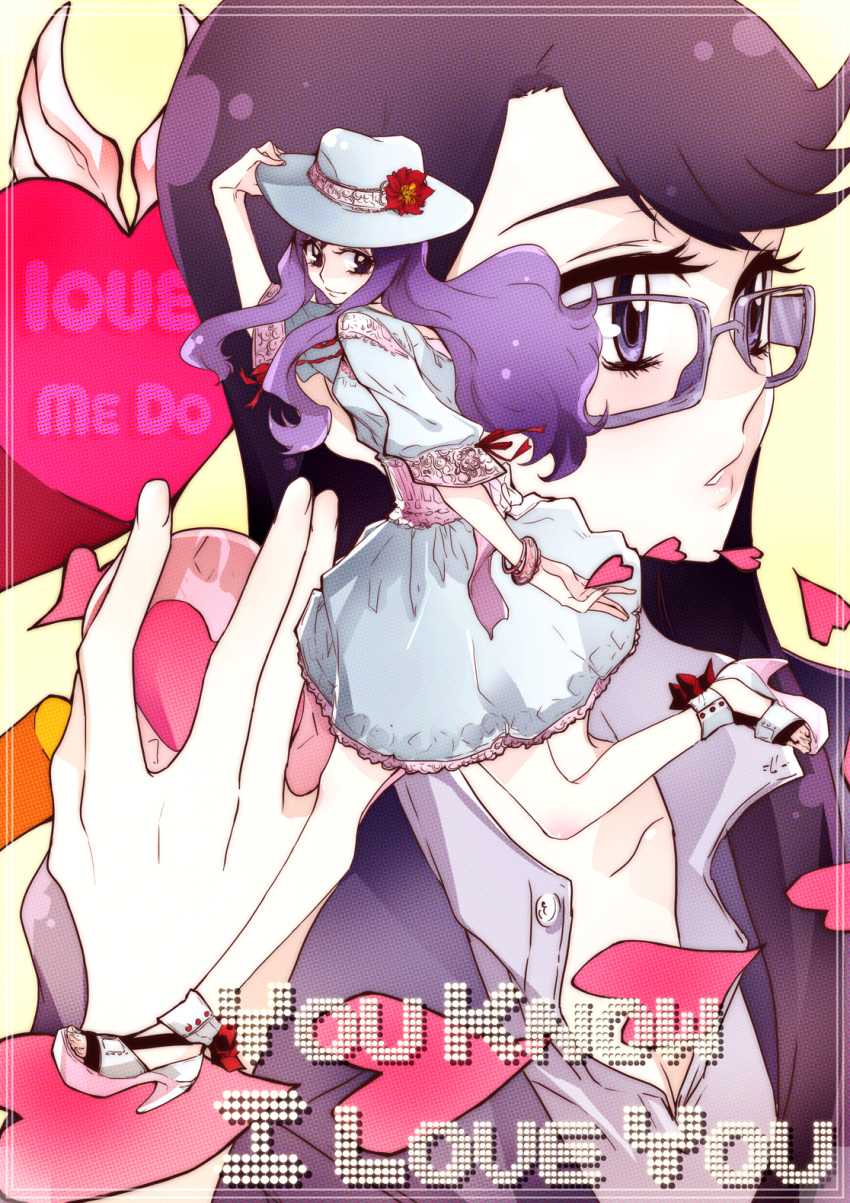 alternate_costume bracelet breasts cleavage collarbone cover dress english flower glasses hat hat_flower heart heartcatch_precure! high_heels highres jewelry kurumi_momoka long_hair love multiple_girls payot precure pretty_cure purple_eyes purple_hair shoes tima tsukikage_yuri violet_eyes yuri