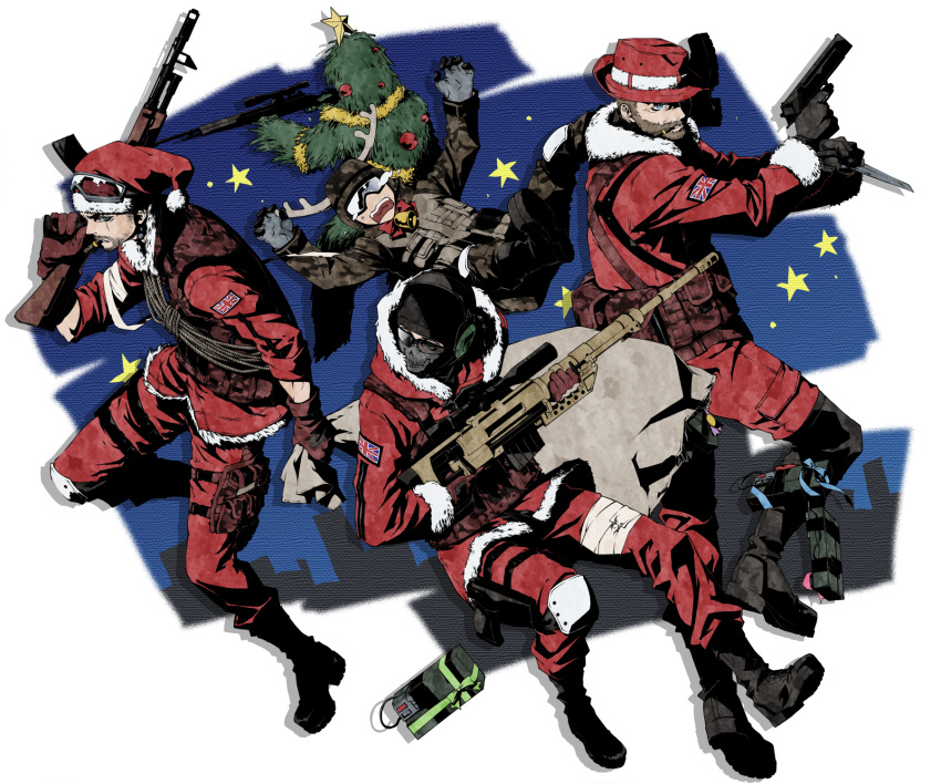 balaclava call_of_duty call_of_duty:_modern_warfare_2 call_of_duty_4 captain_macmillan christmas christmas_tree christmas_tree_(cosplay) cosplay ghillie_suit ghost_(modern_warfare_2) gun handgun highres john_mactavish john_price multiple_boys otearai pistol rifle roach_(modern_warfare_2) santa_costume soap_mactavish weapon