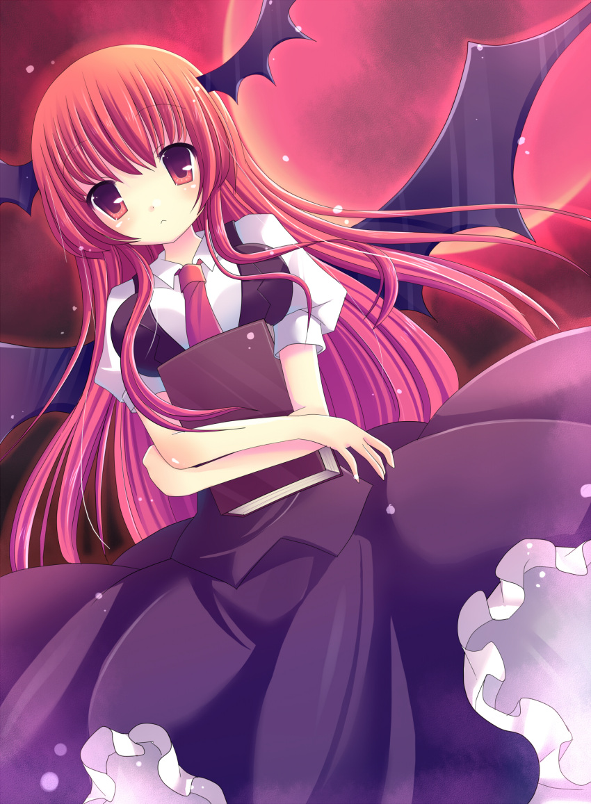 :&lt; bat_wings book breasts crossed_arms dress dutch_angle head_wings highres koakuma long_hair looking_at_viewer necktie red_eyes resized ringonotane solo the_embodiment_of_scarlet_devil touhou very_long_hair wings