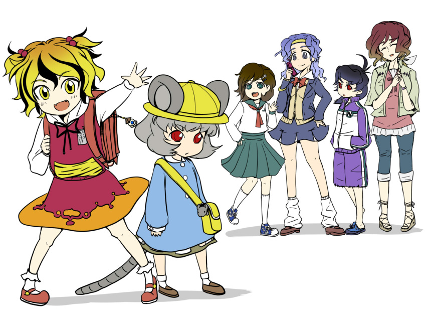 6+girls animal_ears blonde_hair closed_eyes contemporary fangs hands_in_pockets hat hijiri_byakuren houjuu_nue jeweled_pagoda kindergarten_uniform kumoi_ichirin looking_at_viewer mouse mouse_ears mouse_tail multicolored_hair multiple_girls murasa_minamitsu nazrin neckerchief open_mouth red_eyes school_uniform serafuku simple_background skirt smile tail takano48 tiger_print toramaru_shou touhou two-tone_hair two_side_up white_background yellow_eyes young