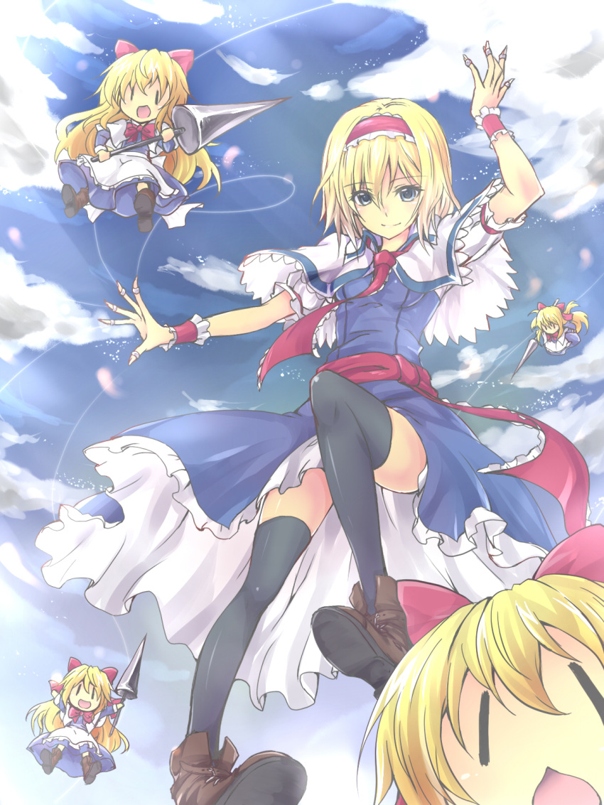 \o/ alice_margatroid ankle_boots arms_up belt black_legwear blonde_hair blue_dress blue_eyes blue_sky bow breasts capelet chestnut_mouth chibi cloud cloudy_sky doll dress hair_bow hairband highres jewelry jumping lance long_hair open_mouth oukawa_yuu outstretched_arms petticoat polearm puppet_string puppet_strings ribbon ring sash shanghai shanghai_doll short_hair sky smile solo string thighhighs touhou weapon zettai_ryouiki |_|