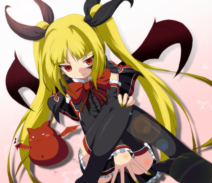 between_thighs black_legwear blazblue blonde_hair blush bow covering covering_crotch dr._cryptoso dress fang gii gothic_lolita hair_ribbon highres lens_flare lolita_fashion long_hair musical_note nail_polish rachel_alucard red_eyes ribbon slit_pupils thigh-highs thighhighs thighs tsurime twintails wings