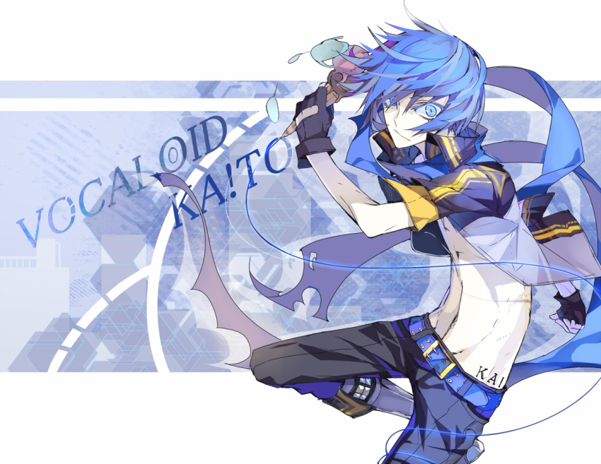 1boy belt black_gloves blue blue_background blue_eyes blue_hair boots buckle character_name fingerless_gloves food gloves hachizowo ice_cream jacket kaito looking_at_viewer male midriff open_clothes pants shirtless title_drop vertical_stripes vocaloid