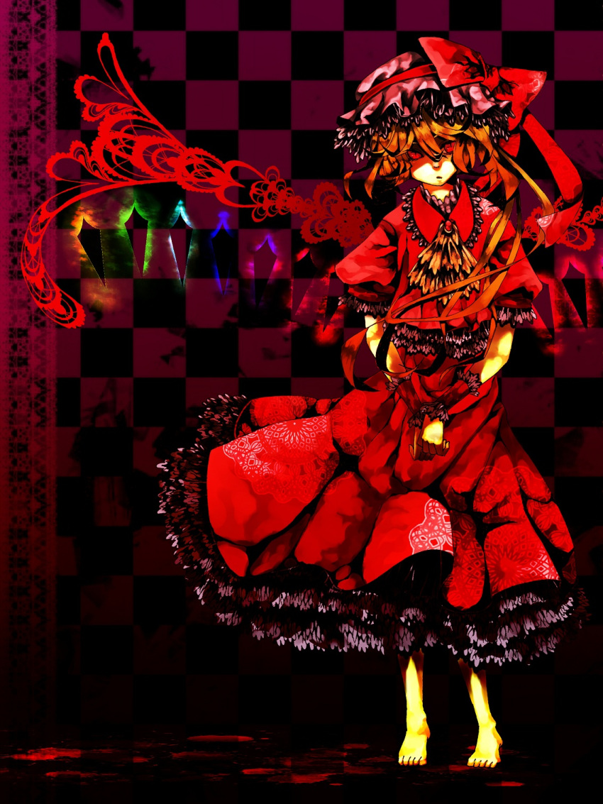 alternate_wings ascot bad_id barefoot blonde_hair blood bow checkered checkered_background embellished_costume flandre_scarlet hat hat_bow highres huruiti petticoat red skirt skirt_set solo standing the_embodiment_of_scarlet_devil touhou wings wrist_cuffs