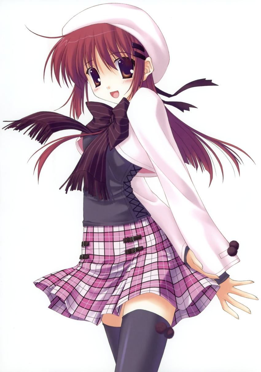 ahoge black_legwear black_thighhighs blush hat highres long_hair nanao_naru open_mouth plaid scarf skirt tartan thigh-highs thighhighs