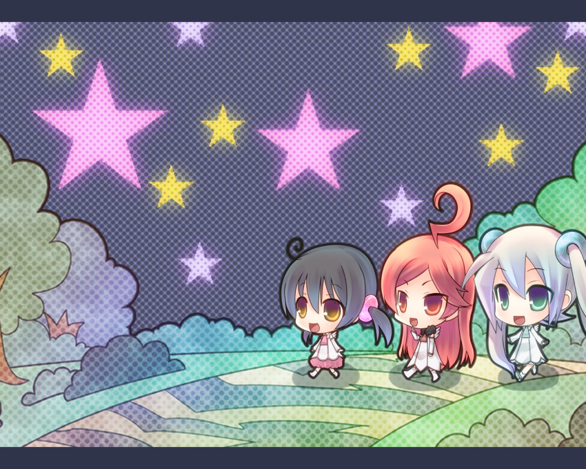 ahoge aqua_eyes black_hair brown_eyes chibi hatsune_miku kaai_yuki miki_(vocaloid) multiple_girls platinum_romance_(vocaloid) red_eyes red_hair redhead sf-a2_miki smile star tahya twintails vocaloid walking white_hair wings