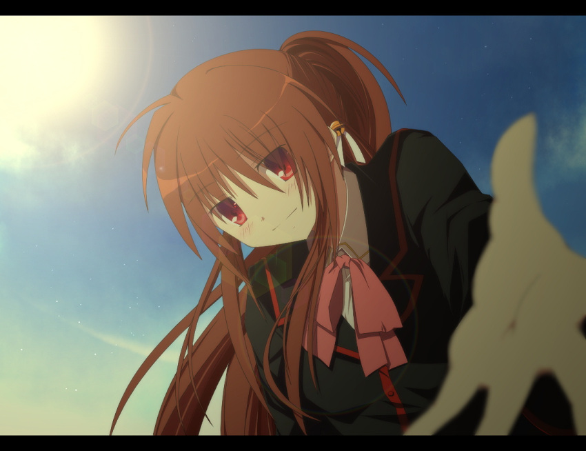 brown_hair foreshortening little_busters!! long_hair natsume_rin ponytail red_eyes school_uniform