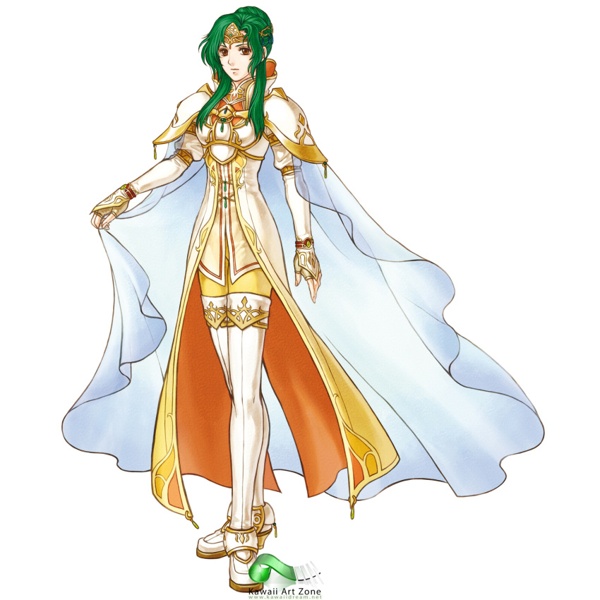 1girl armor boots brown_eyes cape closed_mouth elincia expressionless female fingerless_gloves fire_emblem fire_emblem_path_of_radiance full_body gloves green_hair hair_bun hair_up highres official_art simple_background solo standing thigh-highs thigh_boots tiara watermark white_background